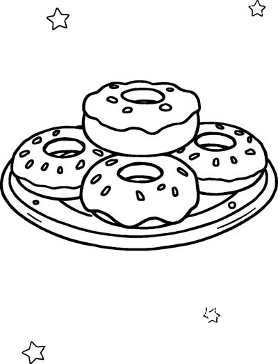 Four iced ring doughnuts with sprinkles piled on a round plate, with small stars around them.