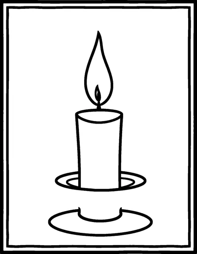 One lit candle with a tall flame standing on a round holder inside a double border.
