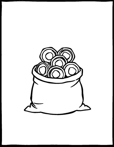 A small cloth sack overflowing with round chocolate coins, set inside a border.