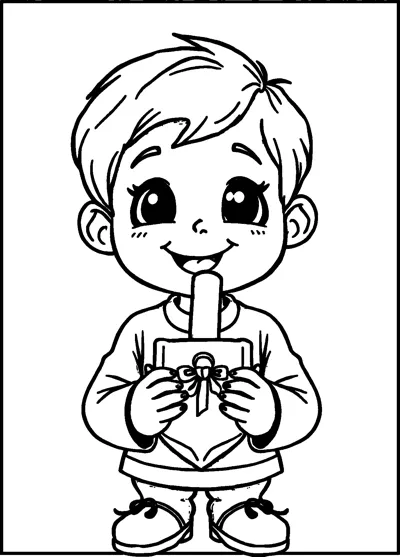 A smiling boy in a sweater holds a dreidel tied with a little ribbon bow in front of him.