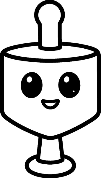 A large dreidel with a handle on top, two big round eyes and a small smiling mouth.