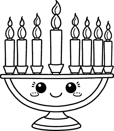 A menorah with a smiling face on its bowl-shaped base holding nine lit candles, the middle one taller.