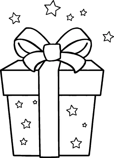 A gift box decorated with small stars, tied with a ribbon and bow, with stars floating above.
