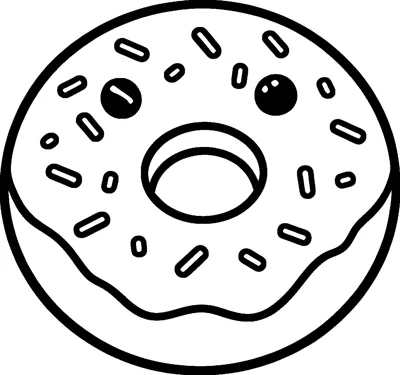 A round doughnut with two big dot eyes, an open mouth hole and sprinkles over its icing.