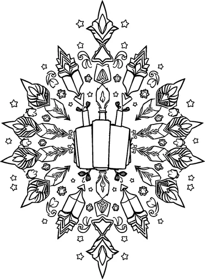 A symmetrical design of candles, leaf shapes, flames and small stars spreading out from a central group of candles.