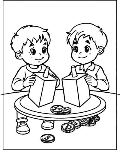 Two smiling boys each spinning a large plain dreidel on a round table with coins nearby.