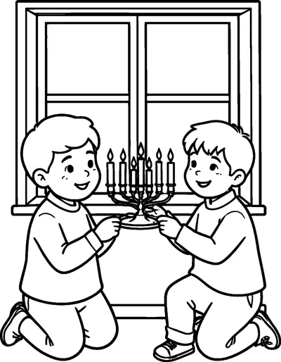 Two smiling children kneel on either side of a nine-candle menorah placed on a windowsill.