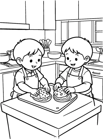 Two children in aprons press latkes onto a tray at a kitchen table with cupboards behind them.