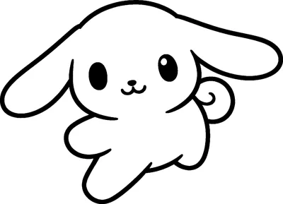 Cinnamoroll the white puppy floats through the air with his long floppy ears spread out and his curly tail behind him.