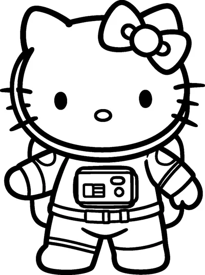 Hello Kitty wears a puffy astronaut suit with a helmet ring, a chest control panel and a belt, ready to explore space.