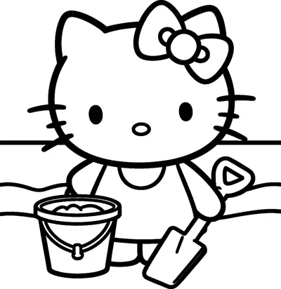 Hello Kitty plays on the beach with a bucket of sand beside her and a spade in her paw, with the sea behind.