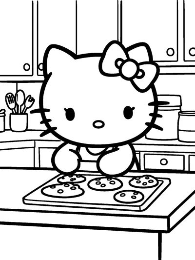 Hello Kitty stands at a kitchen counter with a tray of chocolate chip cookies, with cupboards and a jar of spoons behind her.
