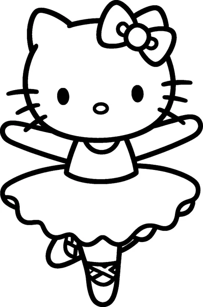 Hello Kitty dances ballet with her arms out, wearing a frilly tutu and ballet shoes with crossed ribbons.