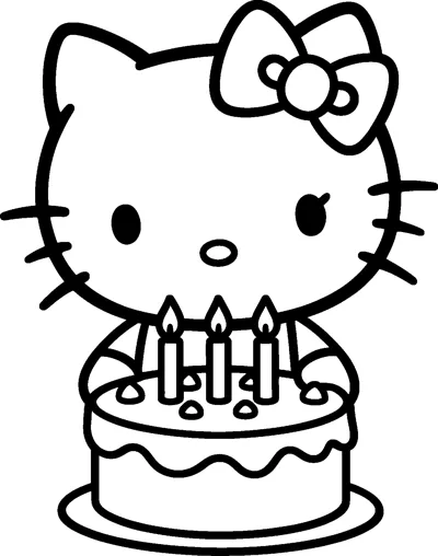 Hello Kitty stands behind a round birthday cake with drippy icing, sprinkles and three lit candles on top.