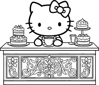 Hello Kitty sits behind a café counter carved with swirls and flowers, holding a cup, with layered cakes on stands either side.