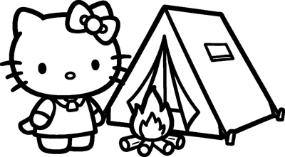 Hello Kitty stands beside a triangle tent with a small crackling campfire of logs in front of the entrance.