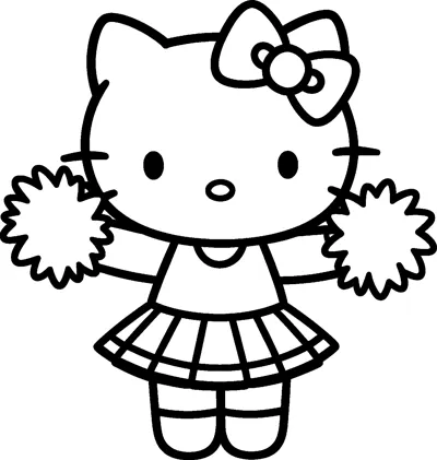 Hello Kitty cheers with a fluffy pom-pom in each paw, wearing a sleeveless top and a pleated cheerleader skirt.