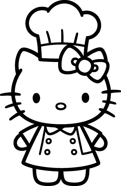 Hello Kitty wears a tall puffy chef's hat and a double-buttoned chef's jacket with a small collar, ready to cook.
