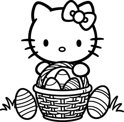 Hello Kitty peeks over a woven basket full of patterned Easter eggs, with two more striped eggs resting in the grass.