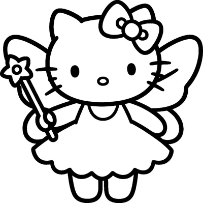 Hello Kitty dressed as a fairy with big wings and a frilly skirt, holding up a star-topped magic wand.