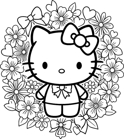 Hello Kitty stands in the middle of a round wreath of detailed flowers, hearts and bows, with a bow on her outfit.
