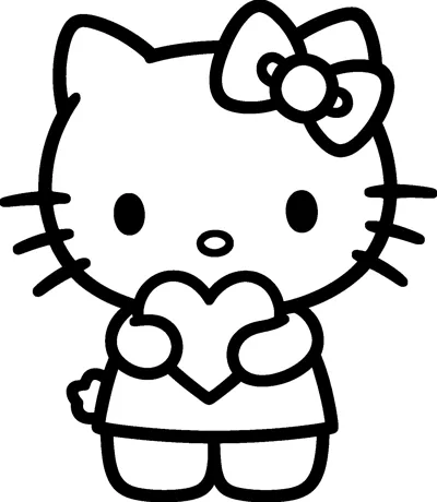Hello Kitty hugs a big heart to her chest with both paws, wearing a short dress and her bow on one ear.