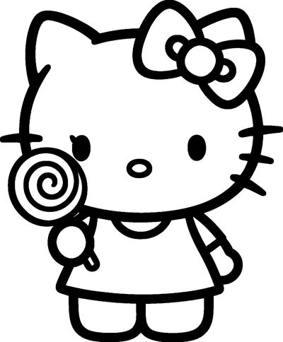 Hello Kitty stands holding a round swirly lollipop on a stick beside her face, wearing a dress and her bow.