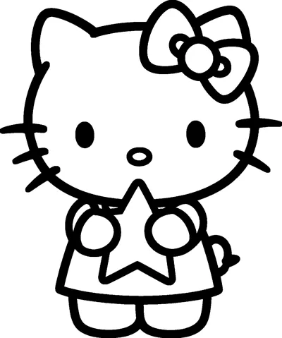 Hello Kitty stands holding a big five-pointed star against her chest with both paws.
