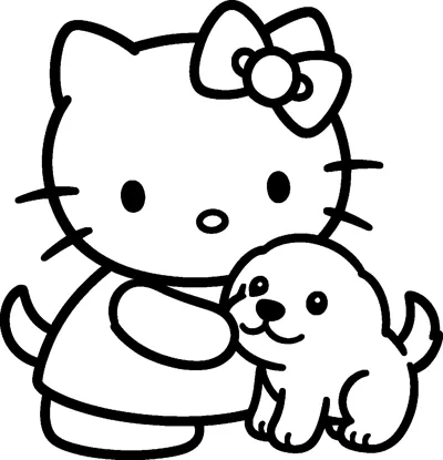 Hello Kitty gently hugs a happy little puppy with floppy ears and a wagging tail as they play together.