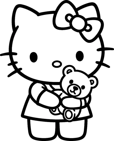 Hello Kitty hugs a smiling teddy bear close to her chest, with her bow on one ear and whiskers on her cheeks.