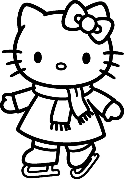 Hello Kitty glides on ice skates wearing a winter coat and a long knitted scarf with fringed ends.