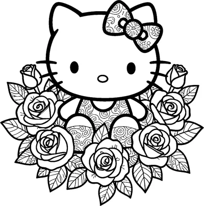 Hello Kitty sits among large roses and patterned leaves, wearing a swirly patterned dress and a decorated bow.