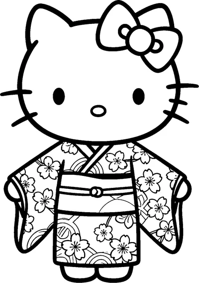 Hello Kitty wears a Japanese kimono covered in cherry blossoms and wave patterns, with a wide obi sash at the waist.