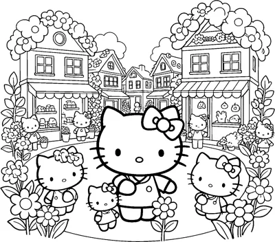 Hello Kitty and a group of little kitten friends gather in a town square full of shops, houses and flowers.