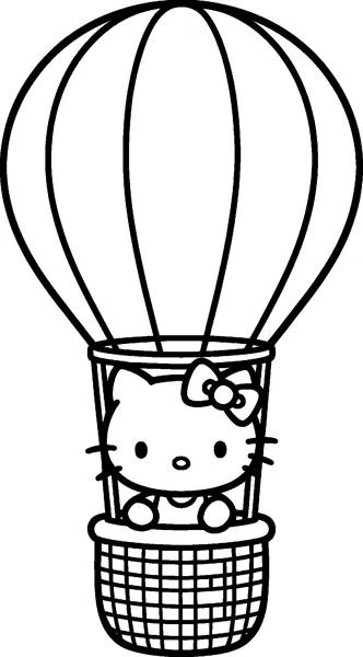 Hello Kitty peeks out from the woven basket of a tall striped hot air balloon floating high in the sky.