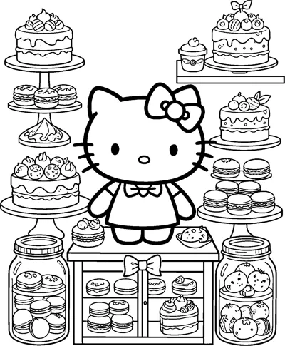 Hello Kitty stands at a bakery counter surrounded by layered cakes, stacked macarons and big jars of treats.