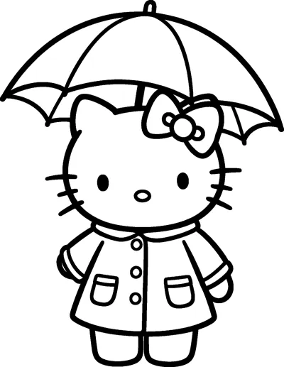 Hello Kitty wears a buttoned raincoat with pockets and stands under a big open umbrella.