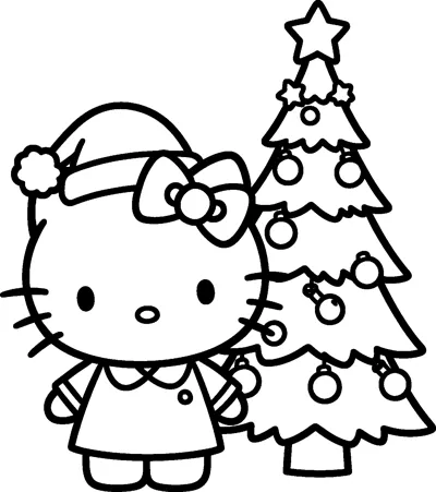 Hello Kitty wears a Santa hat with a fluffy bobble and stands beside a decorated Christmas tree with a star.