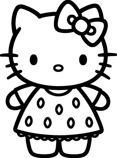 Hello Kitty stands smiling in a dress covered with seed shapes that make it look just like a strawberry.