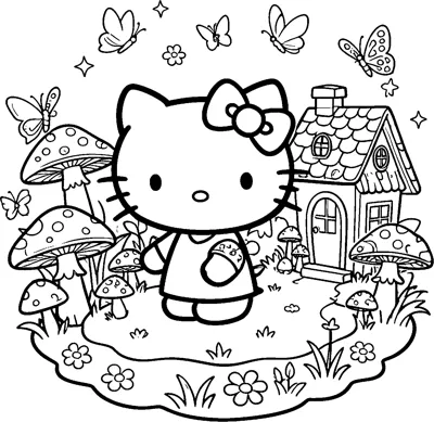 Hello Kitty stands in a magical garden with spotted mushrooms, a little cottage, flowers and butterflies flying above.