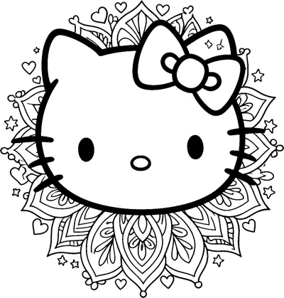 Hello Kitty's face sits in the centre of a round mandala of patterned petals, with hearts and stars around the edge.