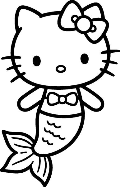 Hello Kitty as a mermaid with a scaly tail, a big fin and a little bow on her top, plus her usual hair bow.