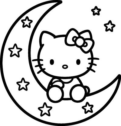 Hello Kitty sits on a large crescent moon with stars dotted around it and on the moon itself.