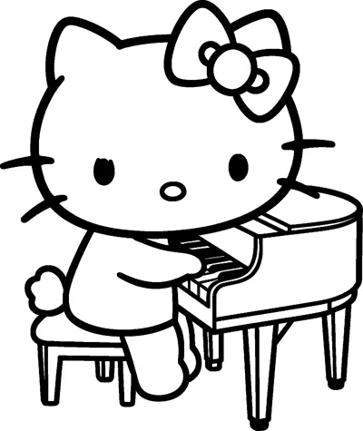 Hello Kitty sits on a small stool playing a grand piano, with her paws on the black and white keys.