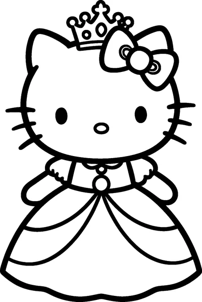 Hello Kitty wears a long princess gown with puffed sleeves, a jewelled necklace and a little crown beside her bow.