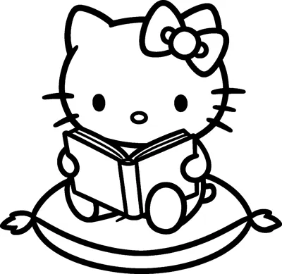 Hello Kitty sits on a round cushion with tassels and holds an open book up in front of her.