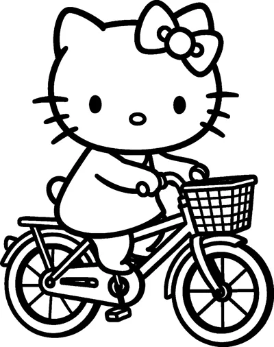 Hello Kitty rides a small bicycle with spoked wheels and a woven basket on the front handlebars.