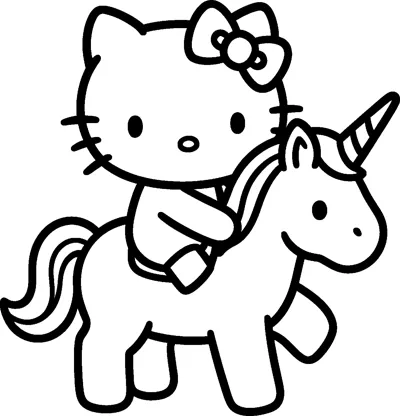 Hello Kitty rides on the back of a cute unicorn with a spiral horn, a flowing mane and a swishy tail.