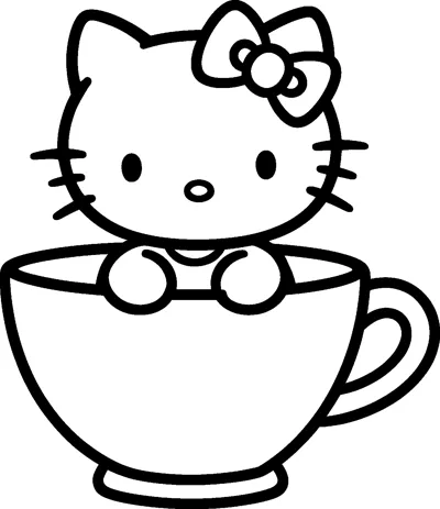 Hello Kitty peeks out of a large round teacup with a curved handle, resting her paws on the rim.