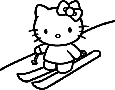 Hello Kitty skis down a gentle snowy slope on two long skis, holding a ski pole in each paw.